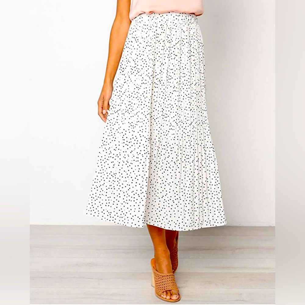 ECOWISH White Polka-dot Pleated Vintage Swing Casual Skirt, with pockets, Small